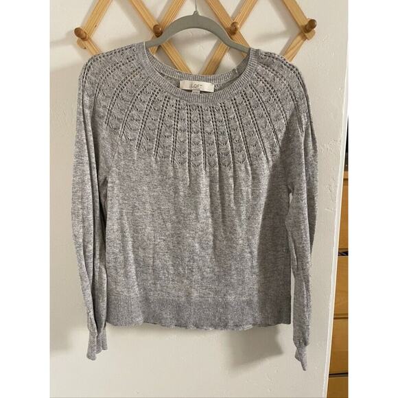 Loft Sweater Women's Medium Pointelle York Gray Wool Blend Crew Neck Pullover - Picture 2 of 6